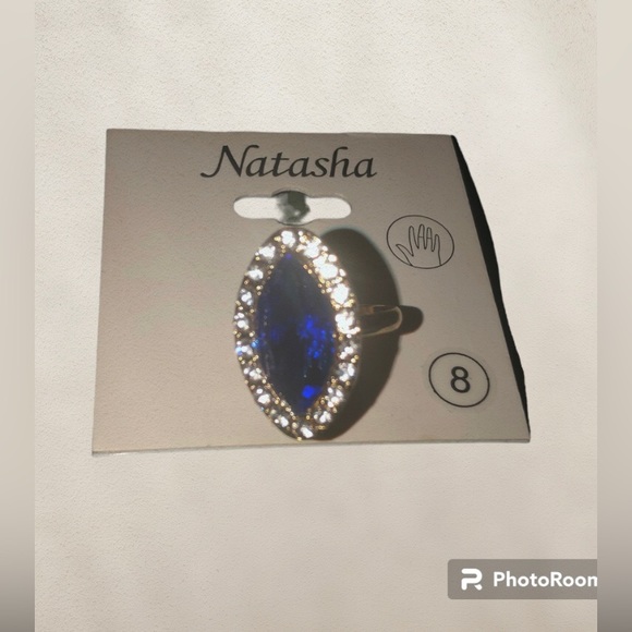 Natasha Ring Size 8 Sapphire Blue Color Stone w/ white Rhinestones surround NEW - Picture 4 of 8